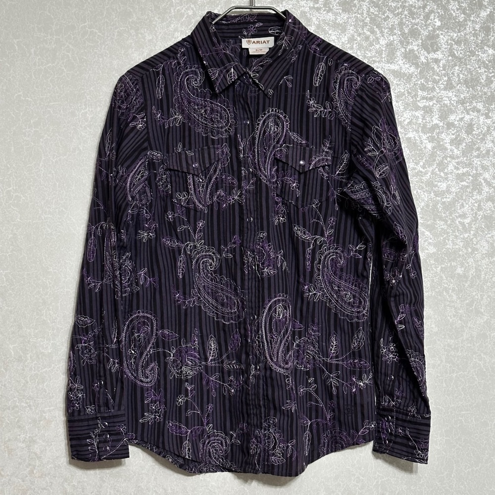 Ariat Long Sleeve Purple Paisley Striped Embroidered Western Pearl Snap Shirt S